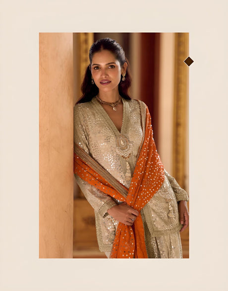 Ivory Saffron Mirror Luxe Sharara Couture Ensemble