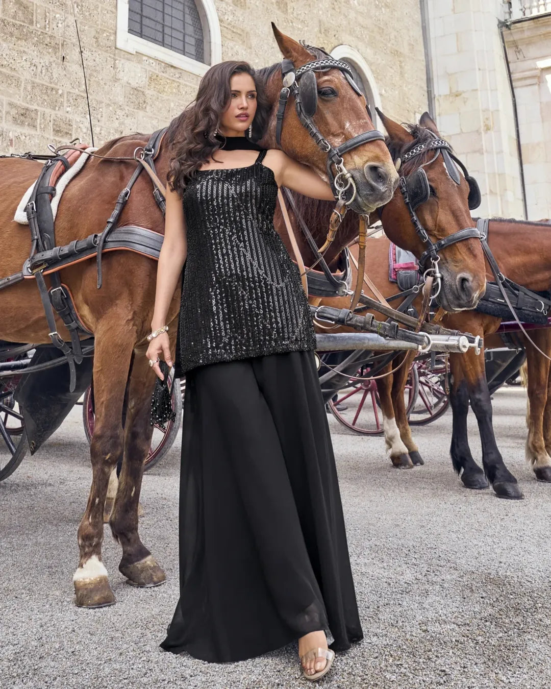 Black Noir Sequin Sharara Couture Ensemble