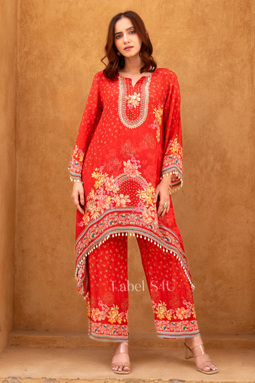 Vermilion Floral Embroidered Kurta Palazzo Ensemble
