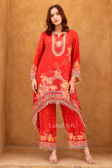 Vermilion Floral Embroidered Kurta Palazzo Ensemble