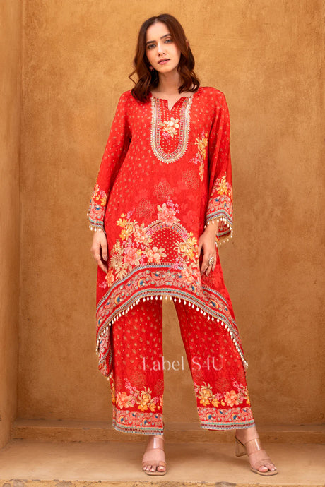 Vermilion Floral Embroidered Kurta Palazzo Ensemble