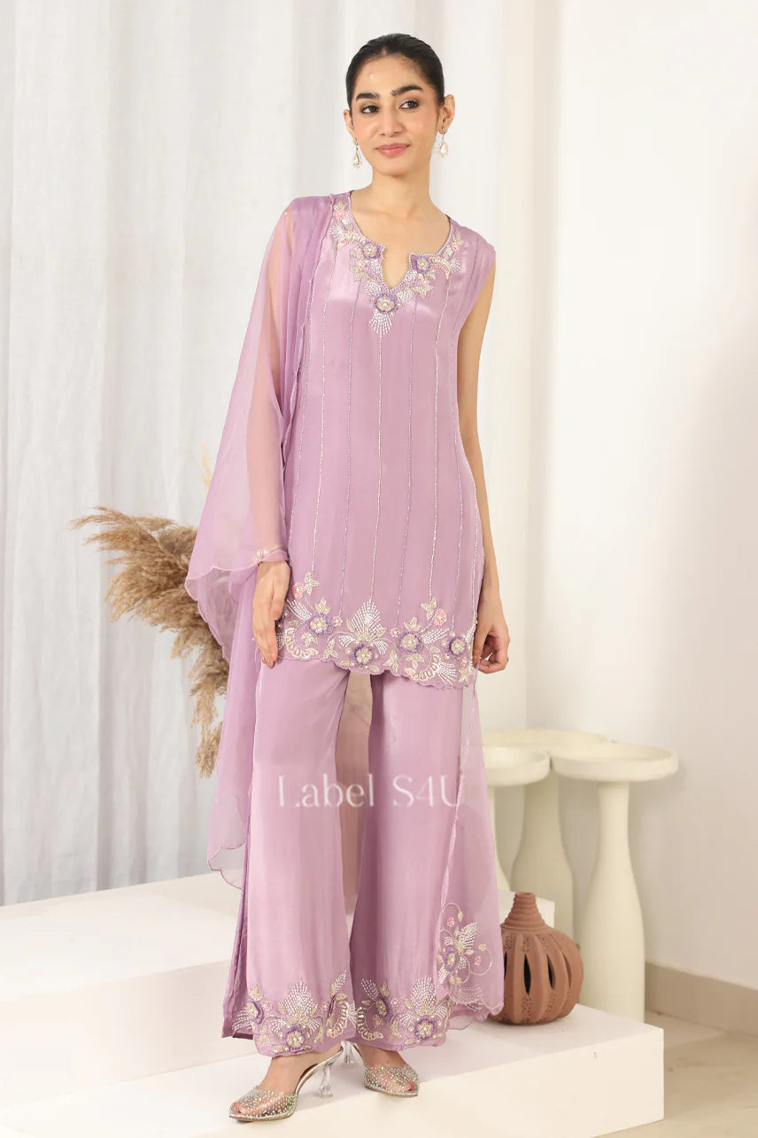 Lilac Pearl Embroidered Kurta Palazzo Ensemble