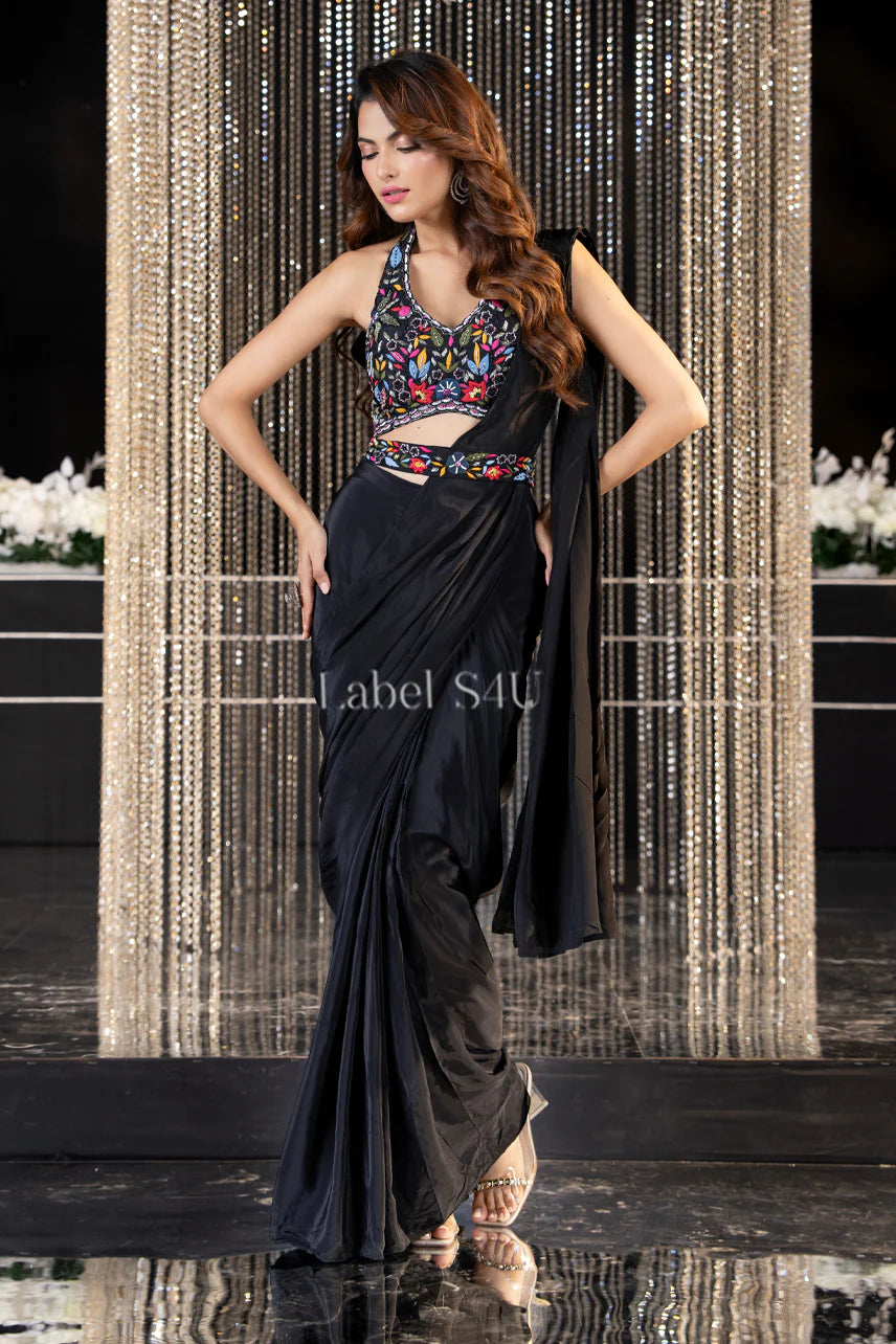 Black Multicolor Embroidered Draped Saree Ensemble