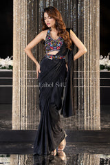 Black Multicolor Embroidered Draped Saree Ensemble