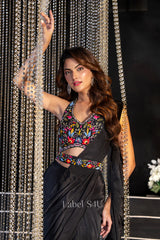 Black Multicolor Embroidered Draped Saree Ensemble