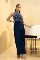 Midnight Blue Embellished Draped Saree Ensemble