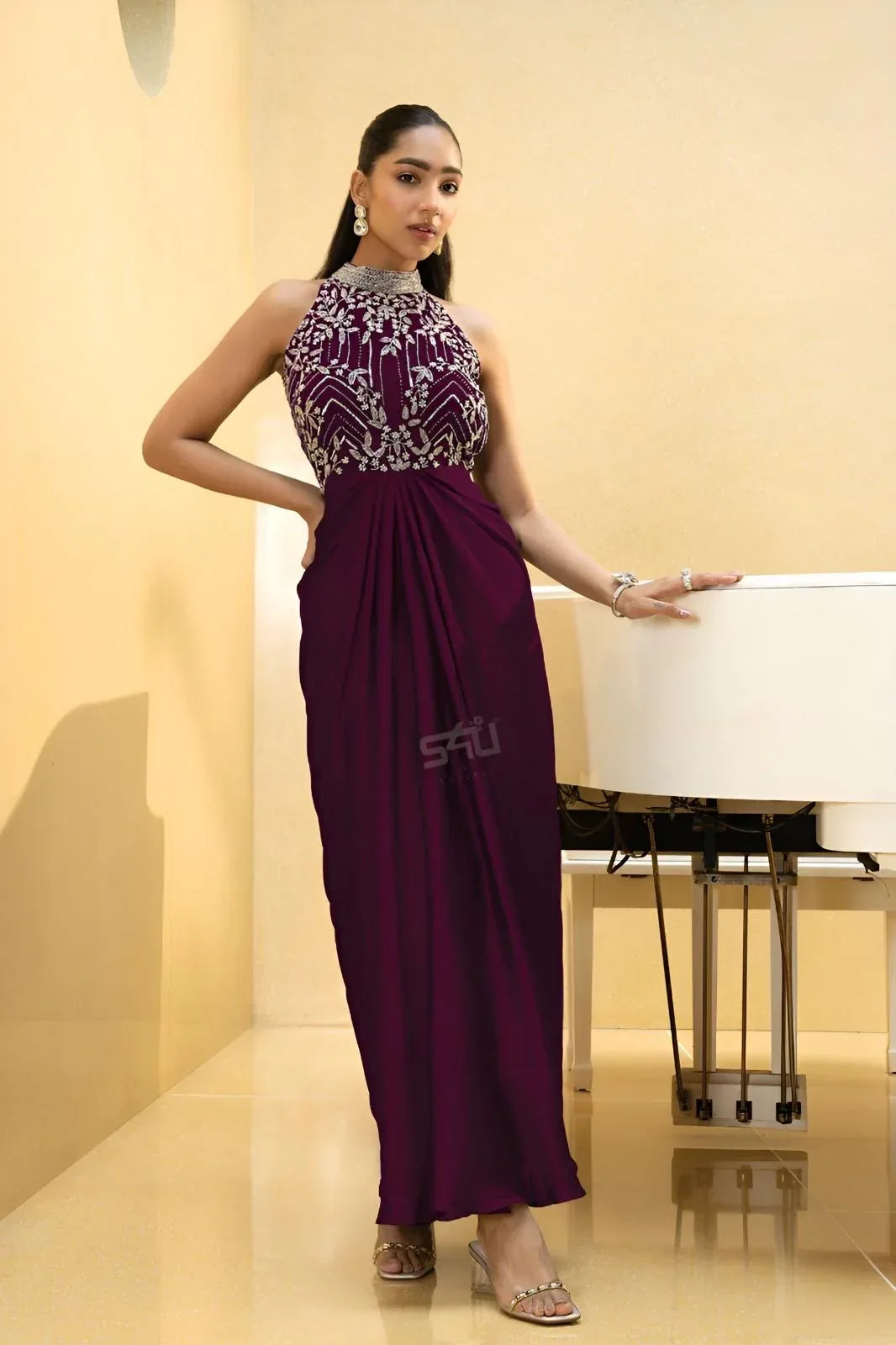 Wine Sequin Draped Halter gown Ensemble MishUUU Wine Sequin Draped Halter gown Ensemble MishUUU