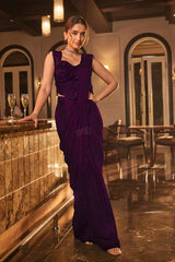 Plum Sequin Draped Saree Ensemble