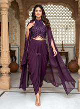 Plum Embroidered Cape Draped Saree Ensemble