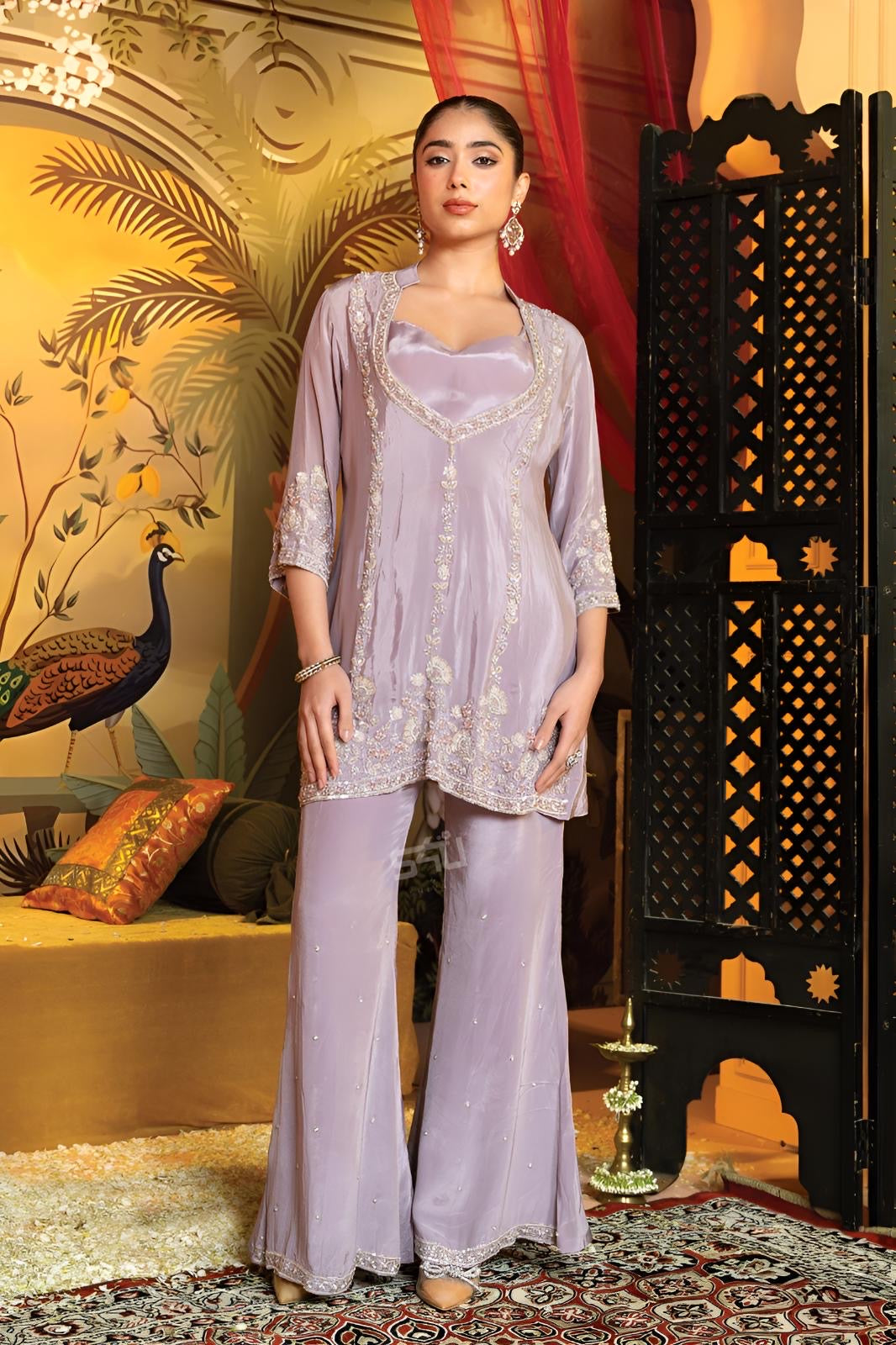 Lavender Pearl Embroidered Kurta Palazzo Set