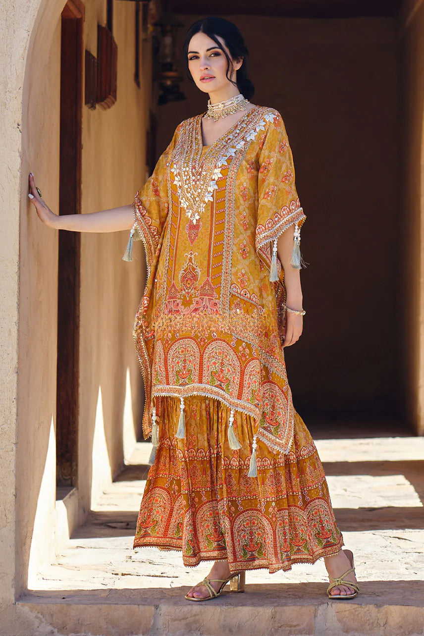 Golden Cape Sharara Set - Mirror Work, Mughal Print, Mustard Sharara, Indian Festive Wear, Mehndi Outfit