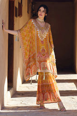 Golden Cape Sharara Set - Mirror Work, Mughal Print, Mustard Sharara, Indian Festive Wear, Mehndi Outfit