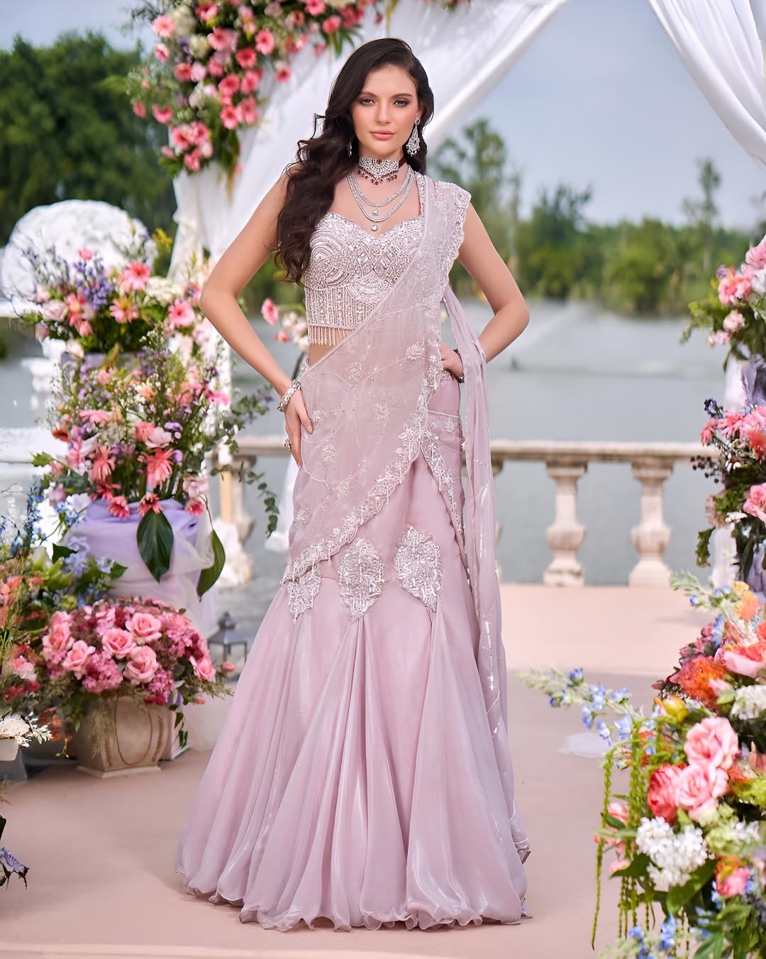 Blush Pearl Embroidered Draped Lehenga Ensemble