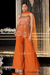 Tangerine Mirror Embellished Peplum Palazzo Set - MishUUU