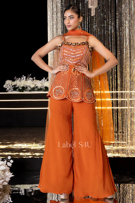 Tangerine Mirror Embellished Peplum Palazzo Set - MishUUU
