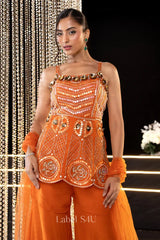 Tangerine Mirror Embellished Peplum Palazzo Set - MishUUU