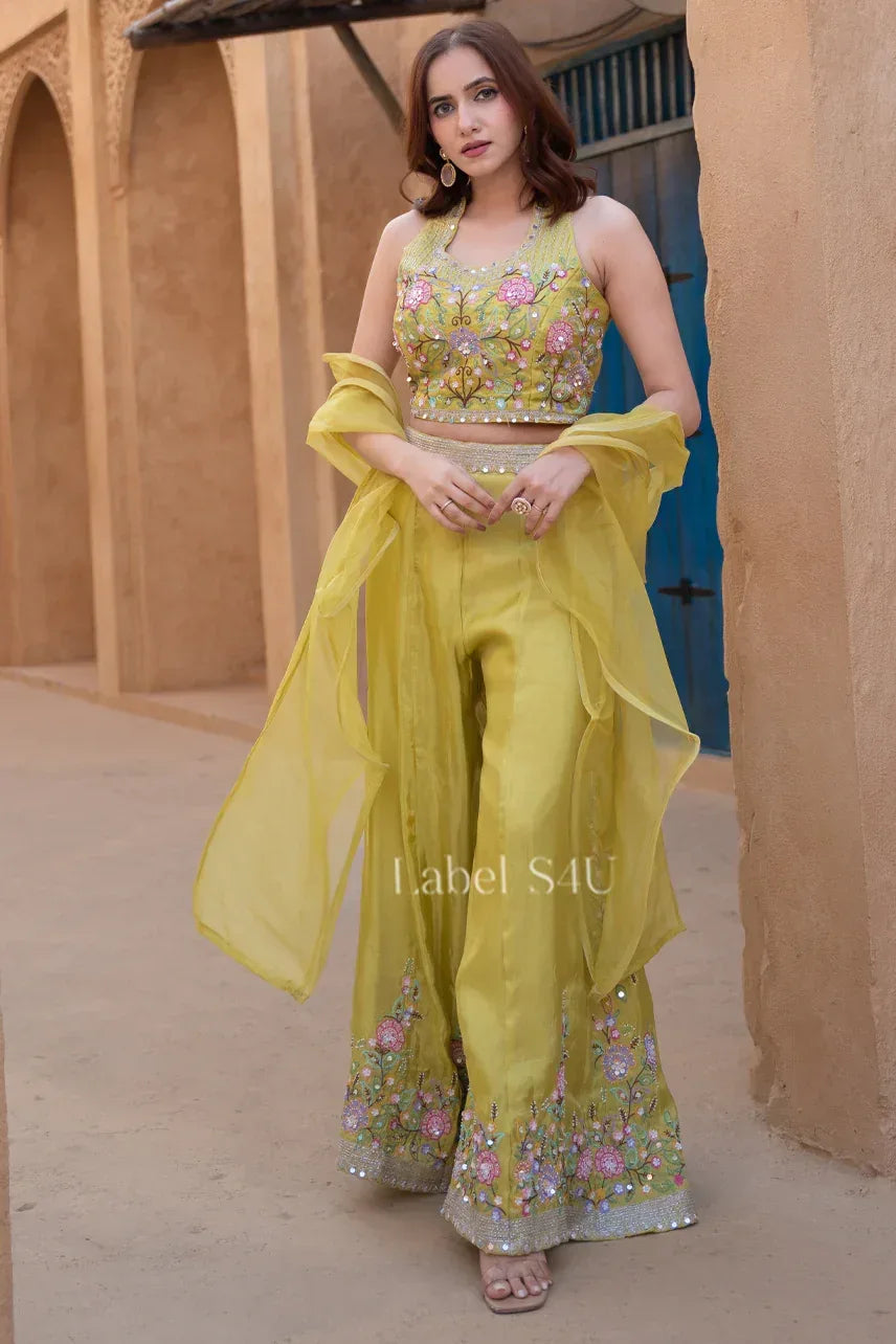 Lime Floral Mirror Embroidered Palazzo Set - MishUUU