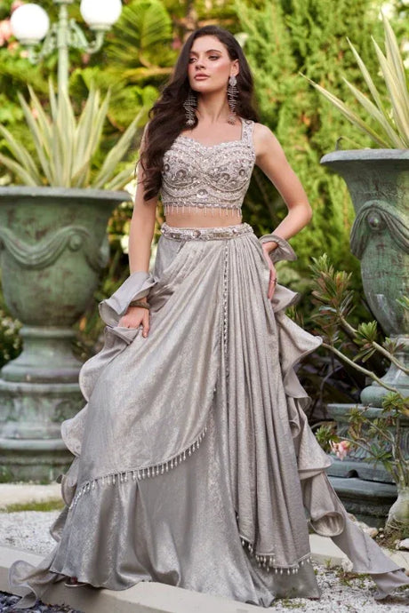 Silver Shimmer Embroidered Lehenga Skirt Set - MishUUU