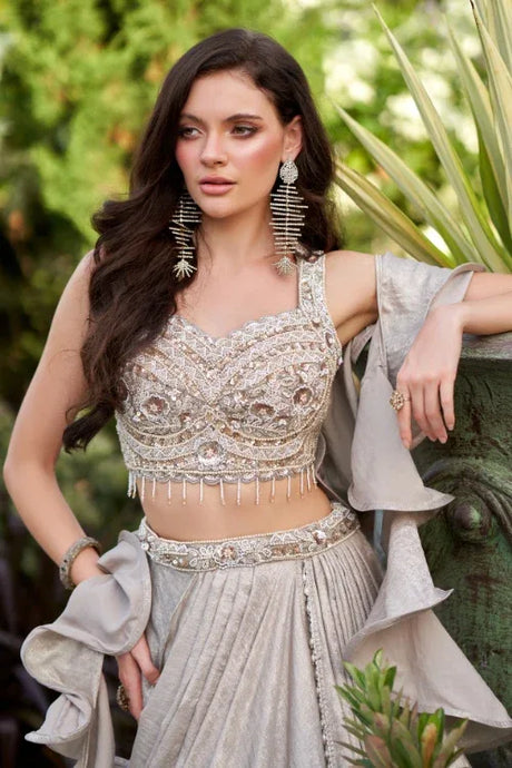 Silver Shimmer Embroidered Lehenga Skirt Set - MishUUU