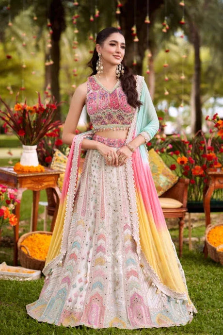 Pastel Rainbow Embroidered Lehenga Set - MishUUU