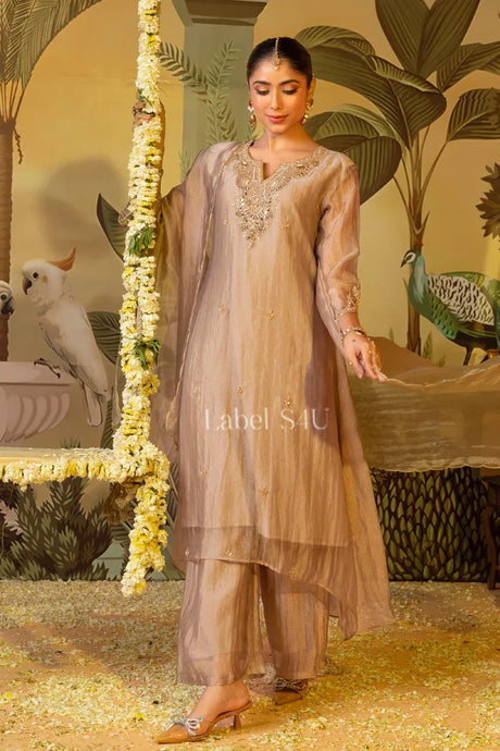 Taupe Shimmer Embroidered Kurta Pant Set - MishUUU