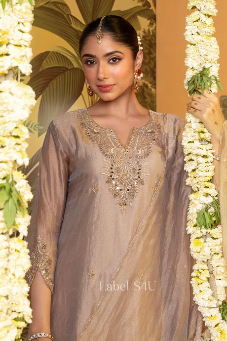 Taupe Shimmer Embroidered Kurta Pant Set - MishUUU