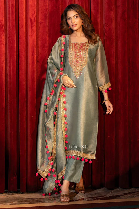 Olive Shimmer Embroidered Kurta Pant Set - MishUUU