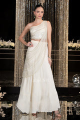 Ivory Shimmer Saree Style Palazzo Set - MishUUU