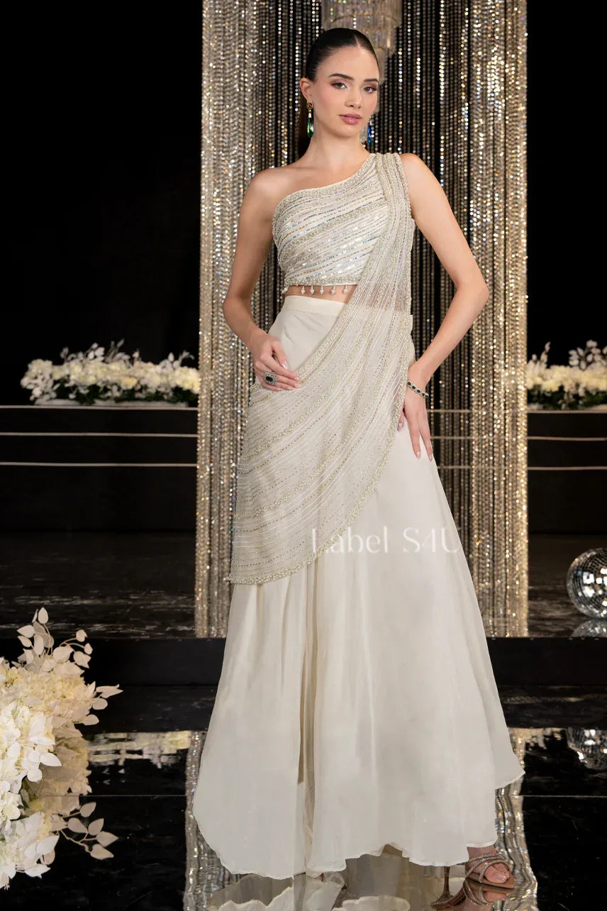 Ivory Shimmer Saree Style Palazzo Set - MishUUU