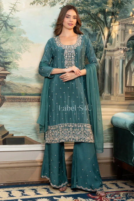 Teal Embroidered Kurta Palazzo Set - MishUUU