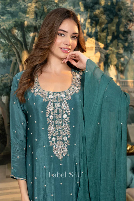 Teal Embroidered Kurta Palazzo Set - MishUUU