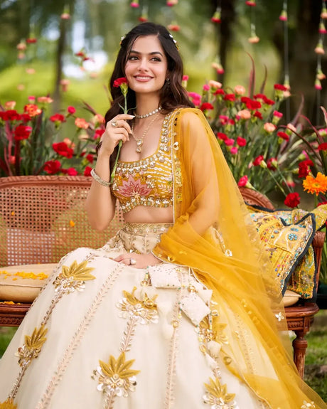 Mustard Floral Lehenga Choli Set - MishUUU