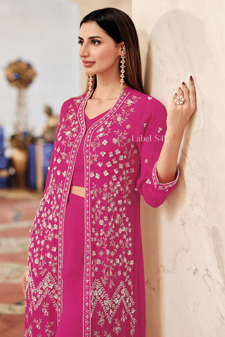 Rani Pink Jacket Sharara Set – Embroidered Georgette Festive Wear |Label S4U