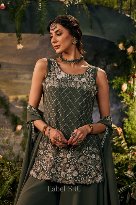 Olive Luxe Embroidered Sharara Ensemble