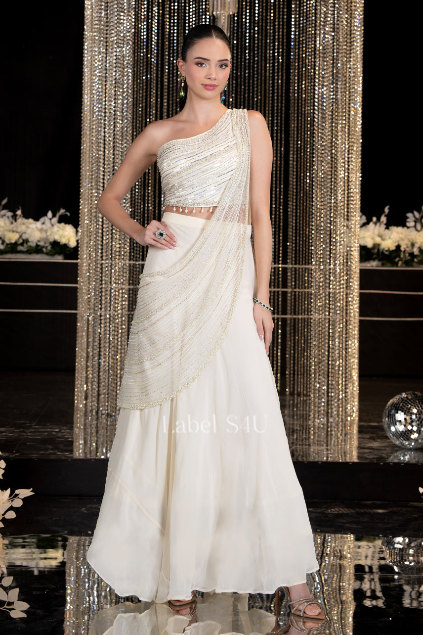 Ivory Beaded One Shoulder Couture Gown