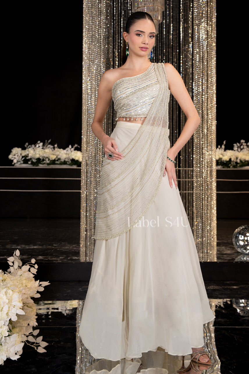 Ivory Beaded One Shoulder Couture Gown