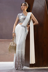 Silver Sequin Embellished Saree Set - MishUUU