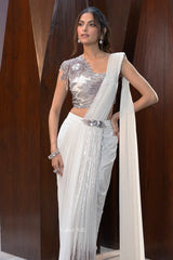 Silver Sequin Embellished Saree Set - MishUUU