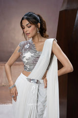 Silver Sequin Embellished Saree Set - MishUUU