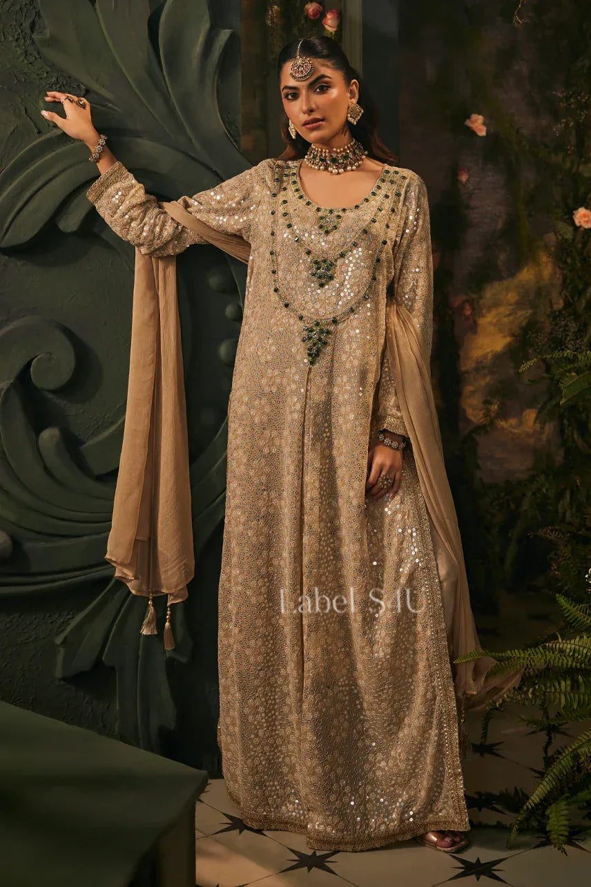 Champagne Emerald Sequin Anarkali Ensemble M