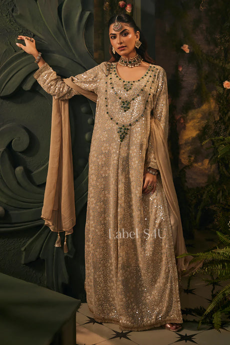 Champagne Emerald Sequin Anarkali Ensemble
