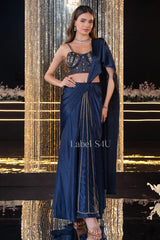 Midnight Navy Crystal Draped Saree Set