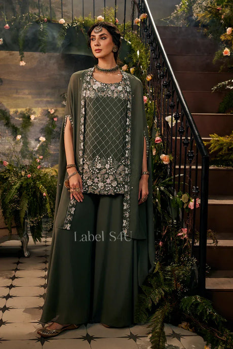 Olive Zari Cape Sharara Ensemble - MishUUU