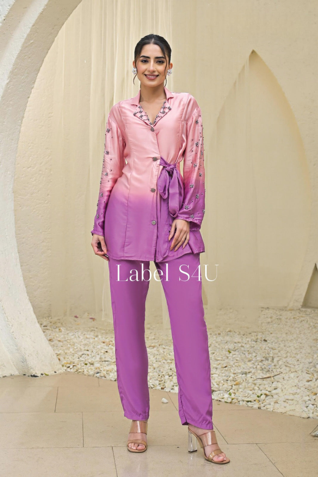 Sunset Bloom Satin Co-Ord Set | Pink and Lilac Blazer with Side Tie and Straight Pants | Elegant Evening & Destination Party Outfit | Label S4U