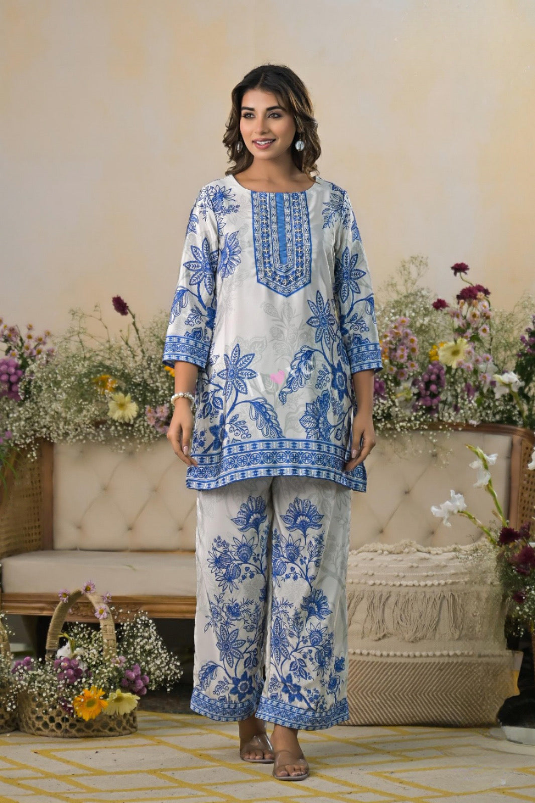 Ivory and Cobalt Blue Floral Co-Ord Set | Embroidered Kurta and Wide-Leg Pants | Elegant Daywear Outfit | Casual Brunch & Festive Soirée Look | Label S4U