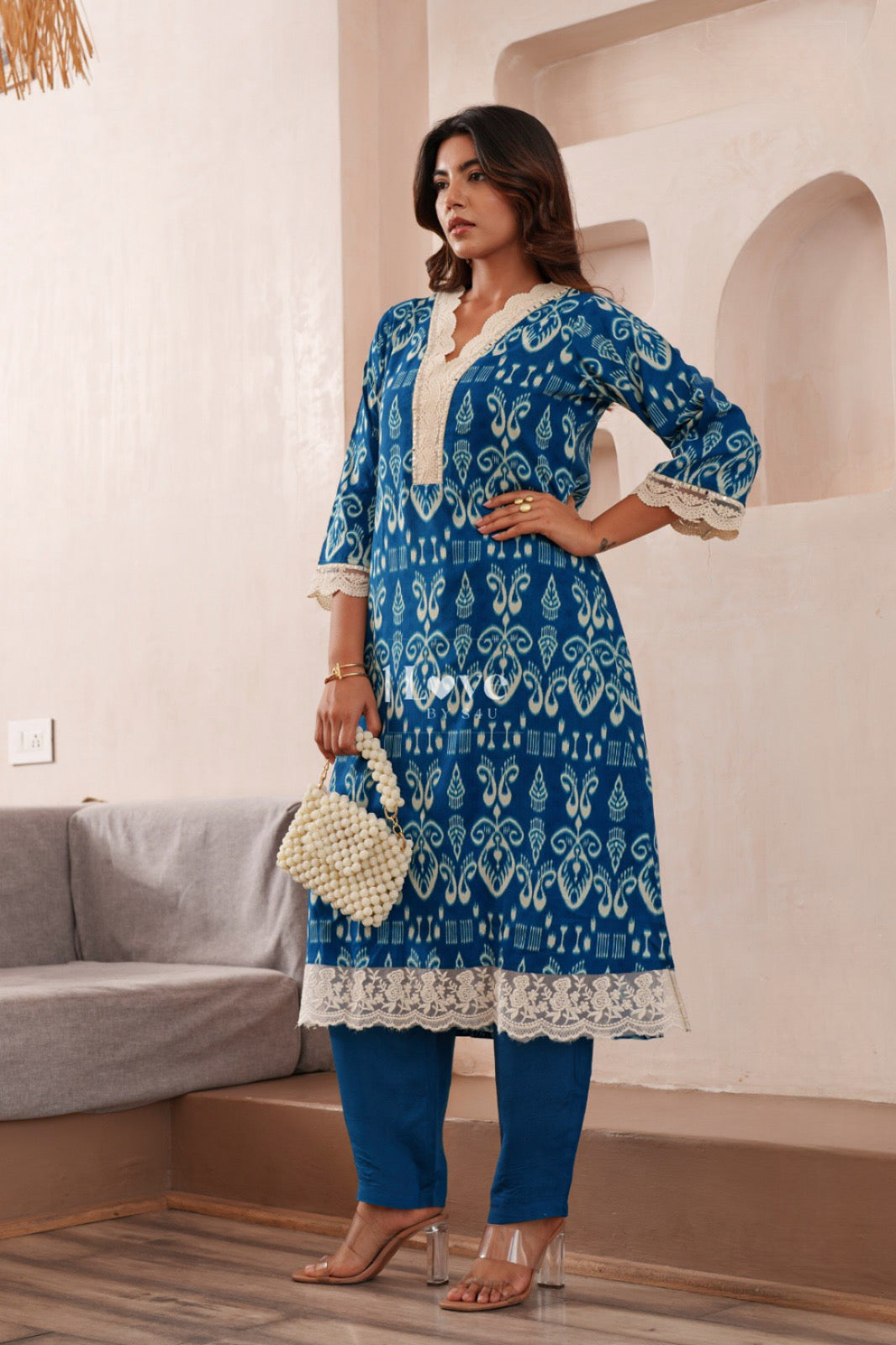 Azure Blue Printed Kurta Set | Boho Chic and Effortless Elegance | Lace Trimmed Ethnic Print Top & Matching Straight Pants | Casual Daywear Outfit|Label S4U