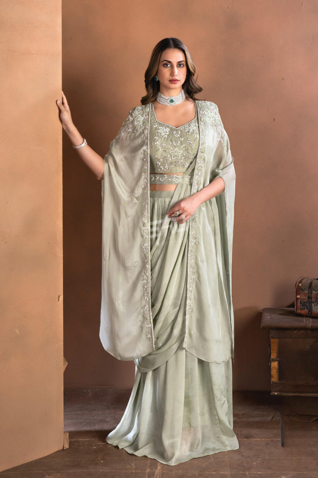 Pastel Sage Green Embroidered Floral Set