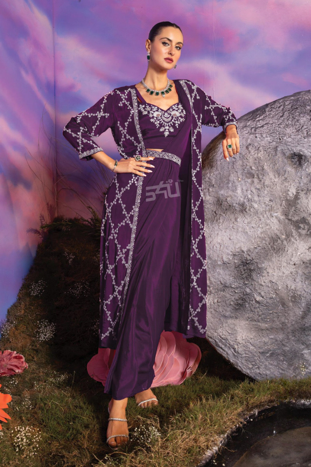 Plum Purple Embroidered Designer Set