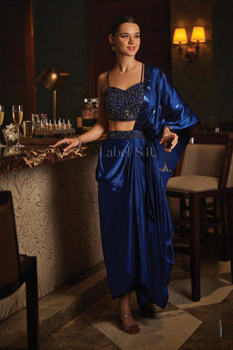 Royal Blue Drape Saree Gown with Hand Embellished Blouse | Luxe Satin Pre-Draped Saree Gown | Glam Evening Party Wear | Cocktail Reception Dress | Hand Beaded Saree Gown | Label S4U