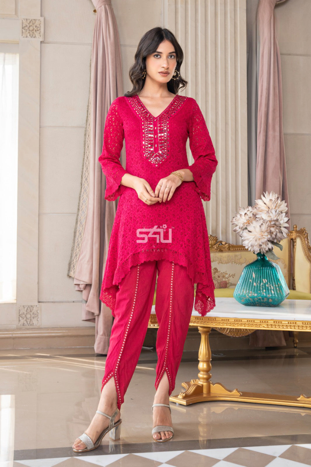 Fuchsia Pink High-Low Lace Kurta Set with Mirror Work | Elegant Indian Kurta and Pant Set | Festive Wedding Wear | Flared Sleeve Kurta with Tailored Pants | Bold Evening Ethnic Outfit | Label S4U